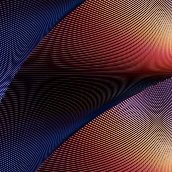 An illustration of waves of light in shades of orange, yellow, purple, blue, and black, meant to be conceptual.