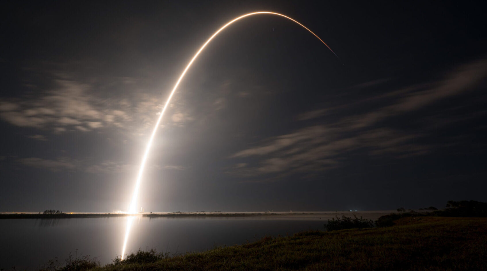 Long exposure of a rocket launch at dusk